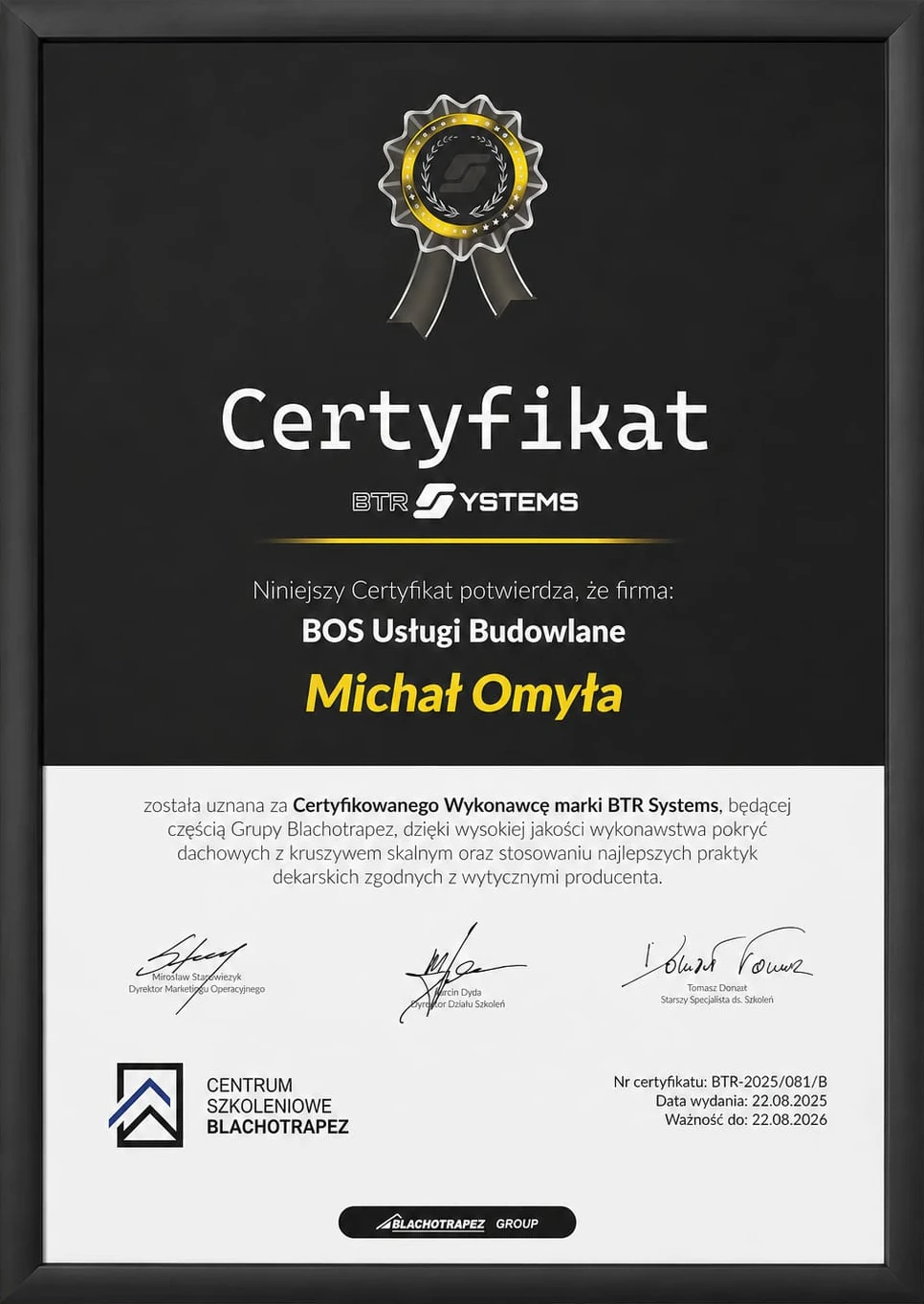 Certyfikat BTR System – DOMY BOS